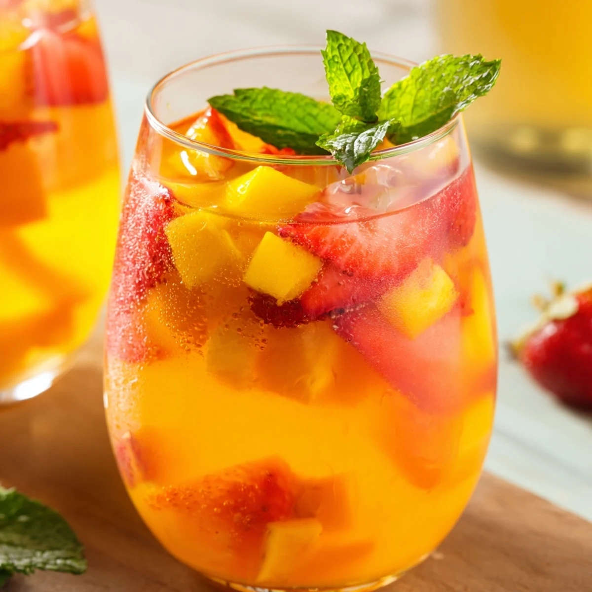 Golden mango strawberry lemonade served over ice in a glass pitcher with fresh mint garnish