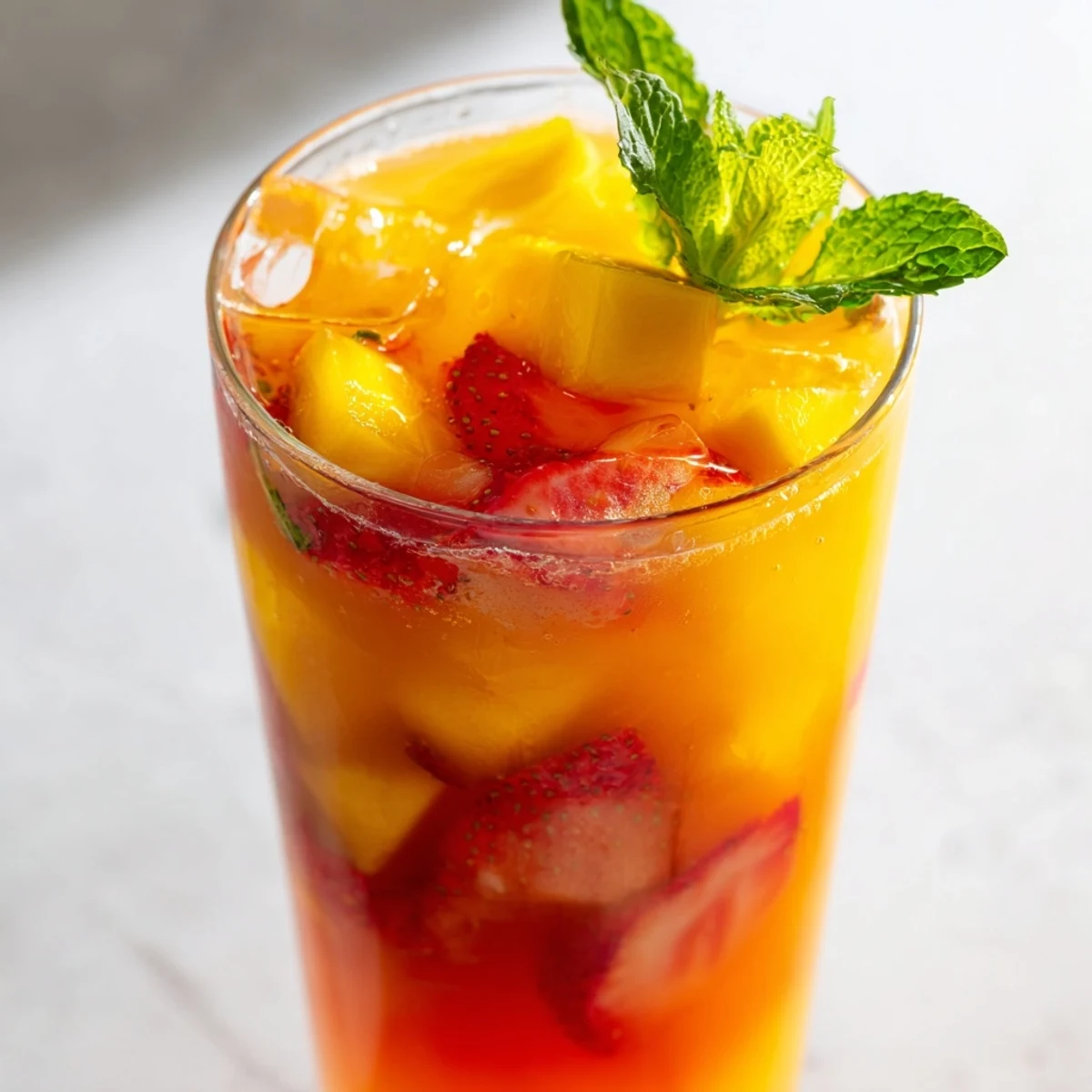 Refreshing mango strawberry lemonade pitcher filled with vibrant orange-pink fruity drink and floating ice cubes