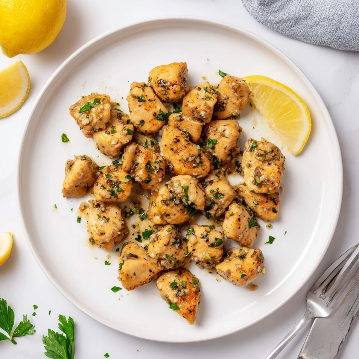 Golden brown garlic butter chicken bites sizzling in a skillet with melted butter and fresh parsley garnish