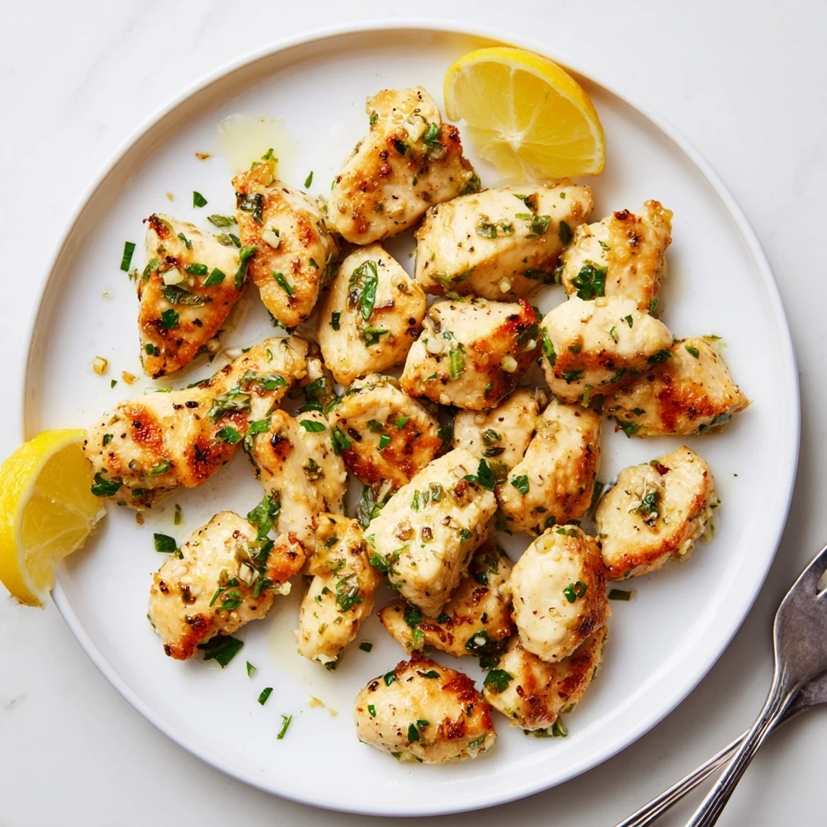 Tender juicy chicken pieces coated in rich garlic butter sauce served on a white plate