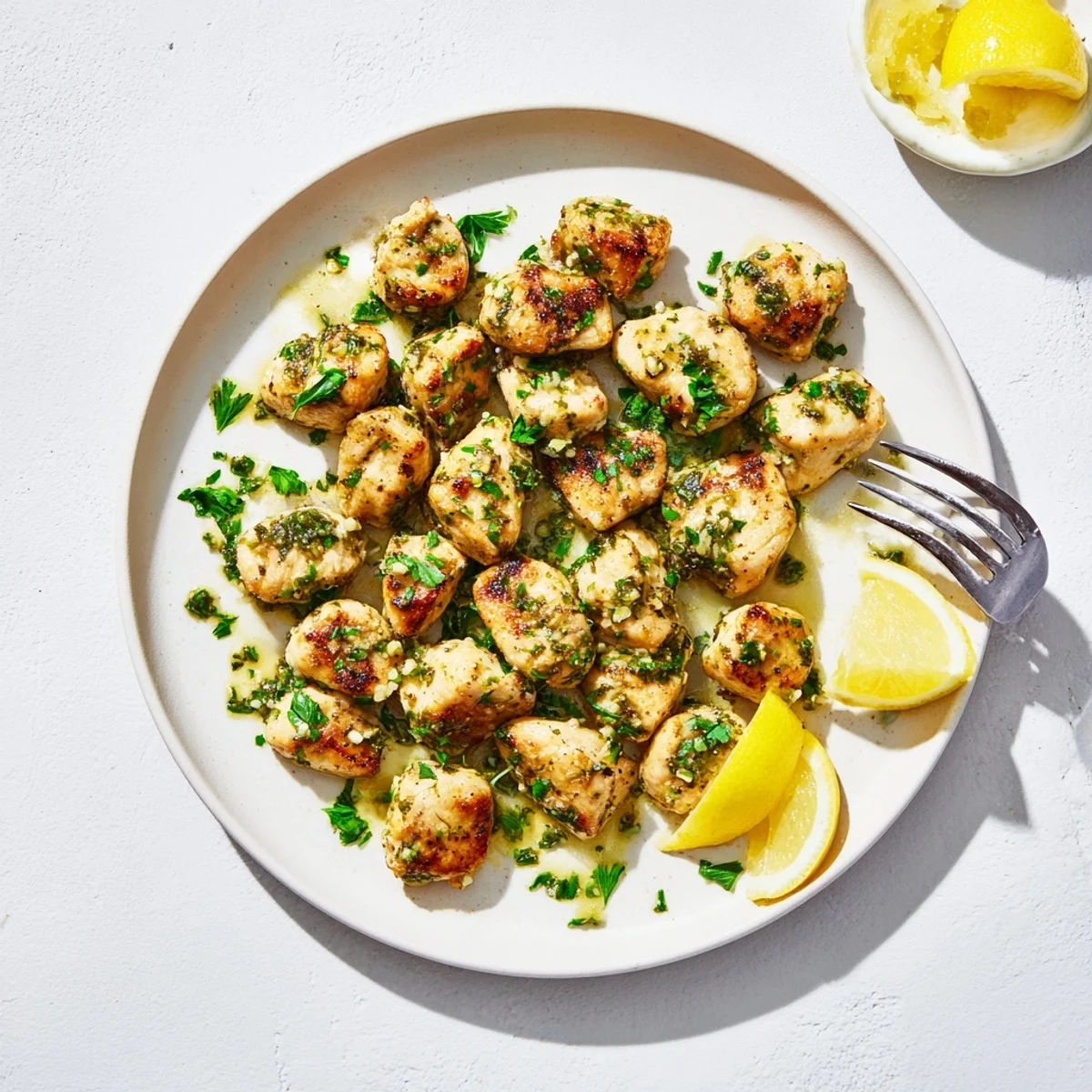 Bite-sized chicken breasts pan-fried to perfection in aromatic garlic butter with chopped green parsley sprinkled on top