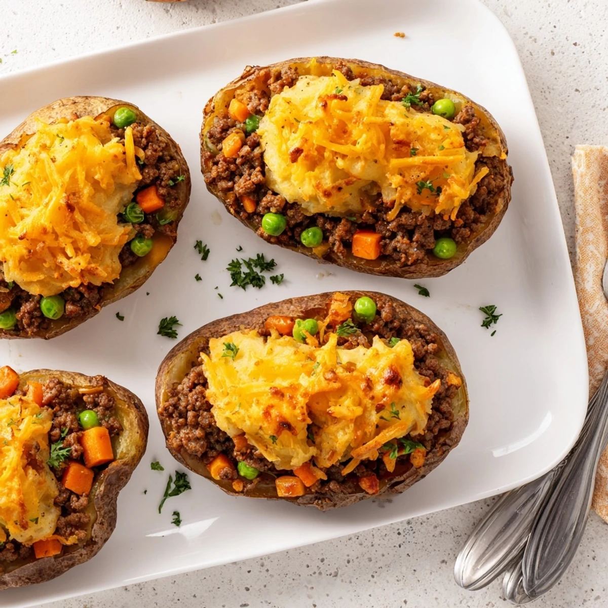 Golden shepherd's pie baked potato topped with fluffy mashed potato crust and fresh parsley