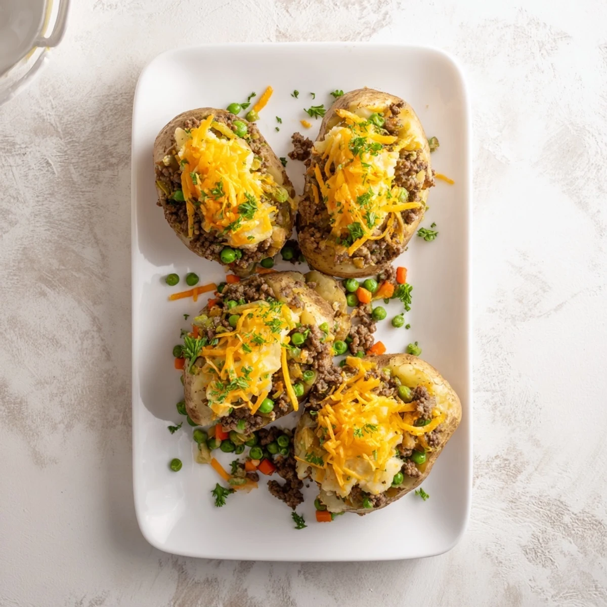 Hearty baked potato filled with savory lamb and vegetable mixture under a golden mashed topping