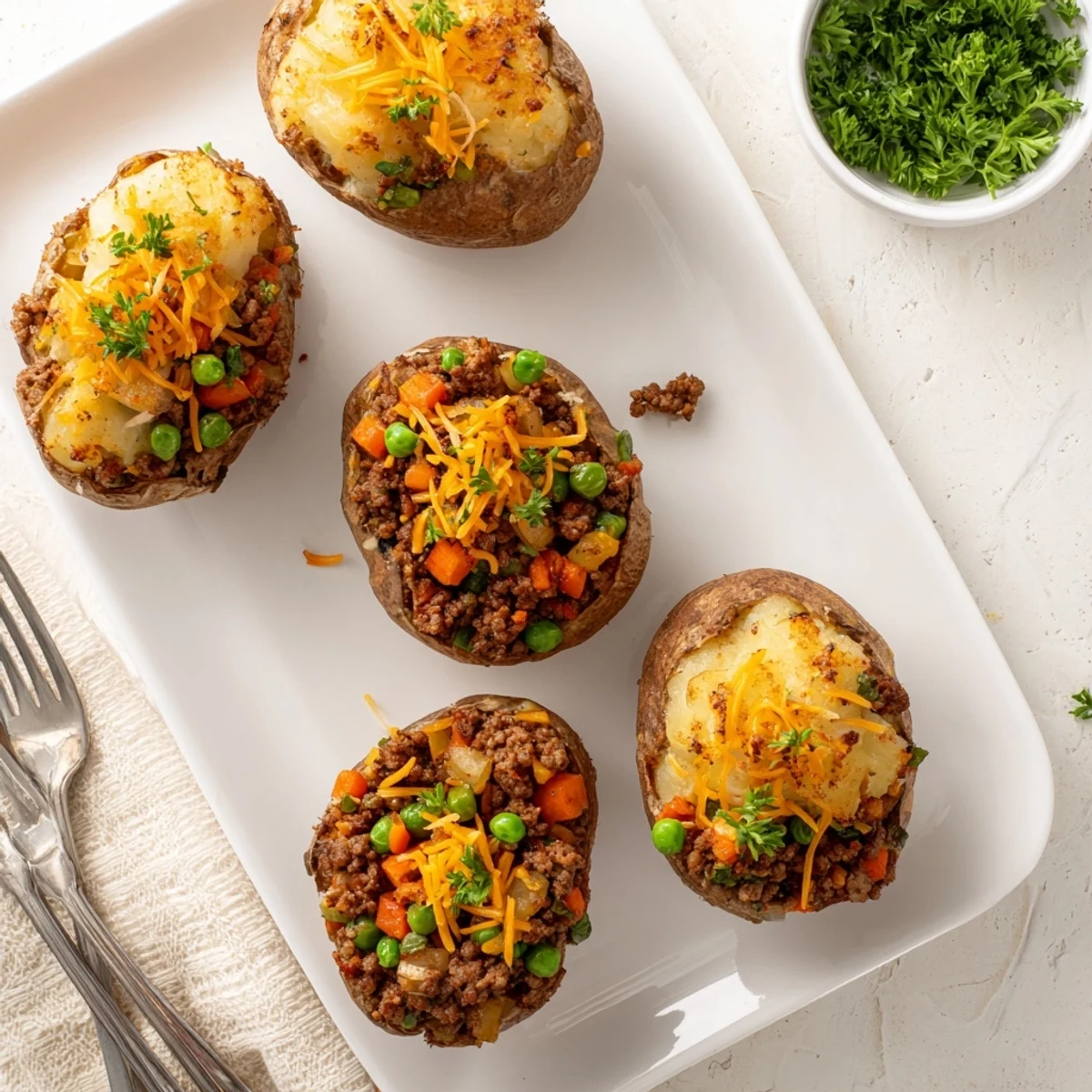 Fluffy baked potato boats loaded with ground lamb filling and creamy mashed potato topping