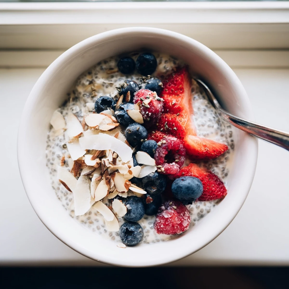 Creamy chia pudding recipes topped with fresh mixed berries and coconut flakes in glass jars