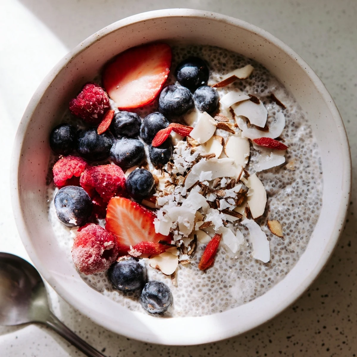 Overnight chia pudding recipes layered with mango, nuts, and drizzled maple syrup for breakfast