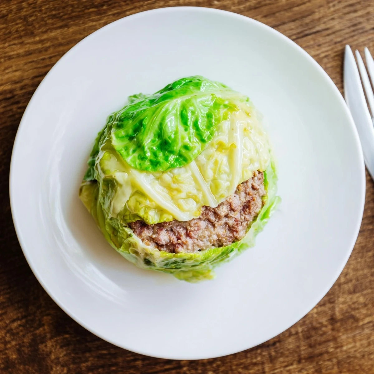 Golden oven baked cabbage burger wrapped in tender green leaves with melted cheddar