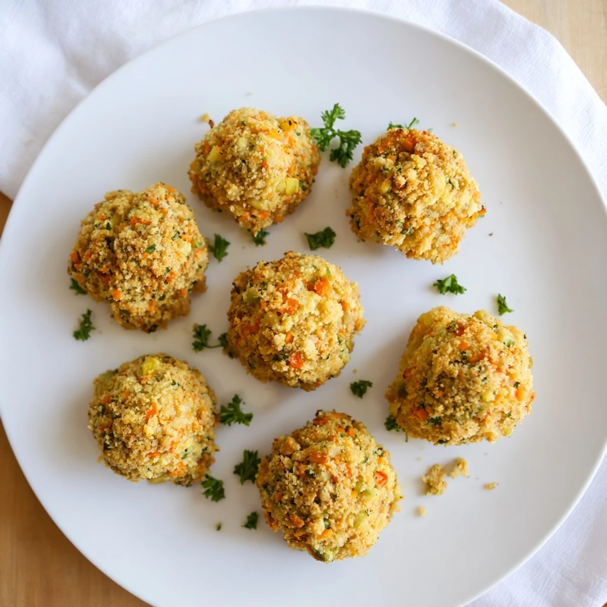 Golden brown crispy cornbread dressing balls arranged on a white serving platter with fresh parsley garnish