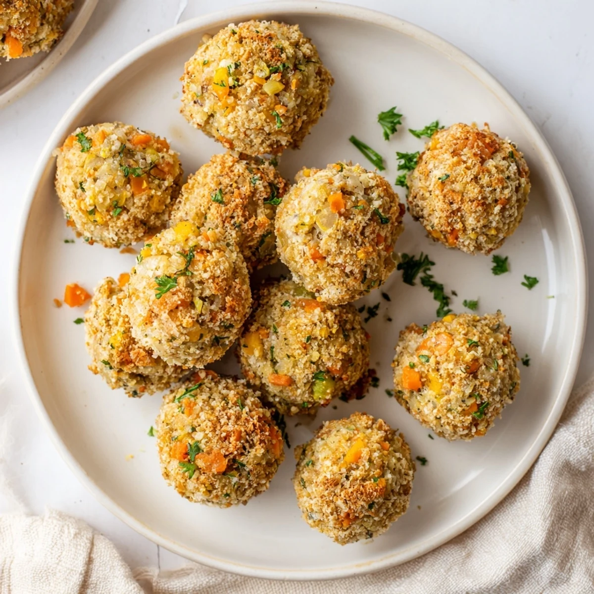Fried cornbread dressing balls with panko coating displayed alongside turkey gravy for dipping
