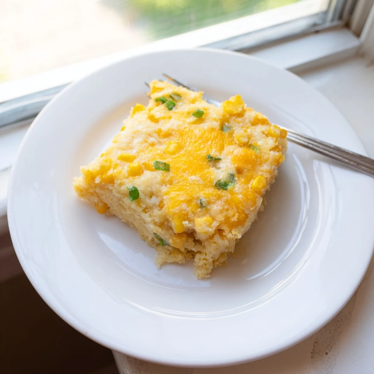 Baked classic Jiffy corn casserole scooped into a white serving bowl alongside a silver spoon