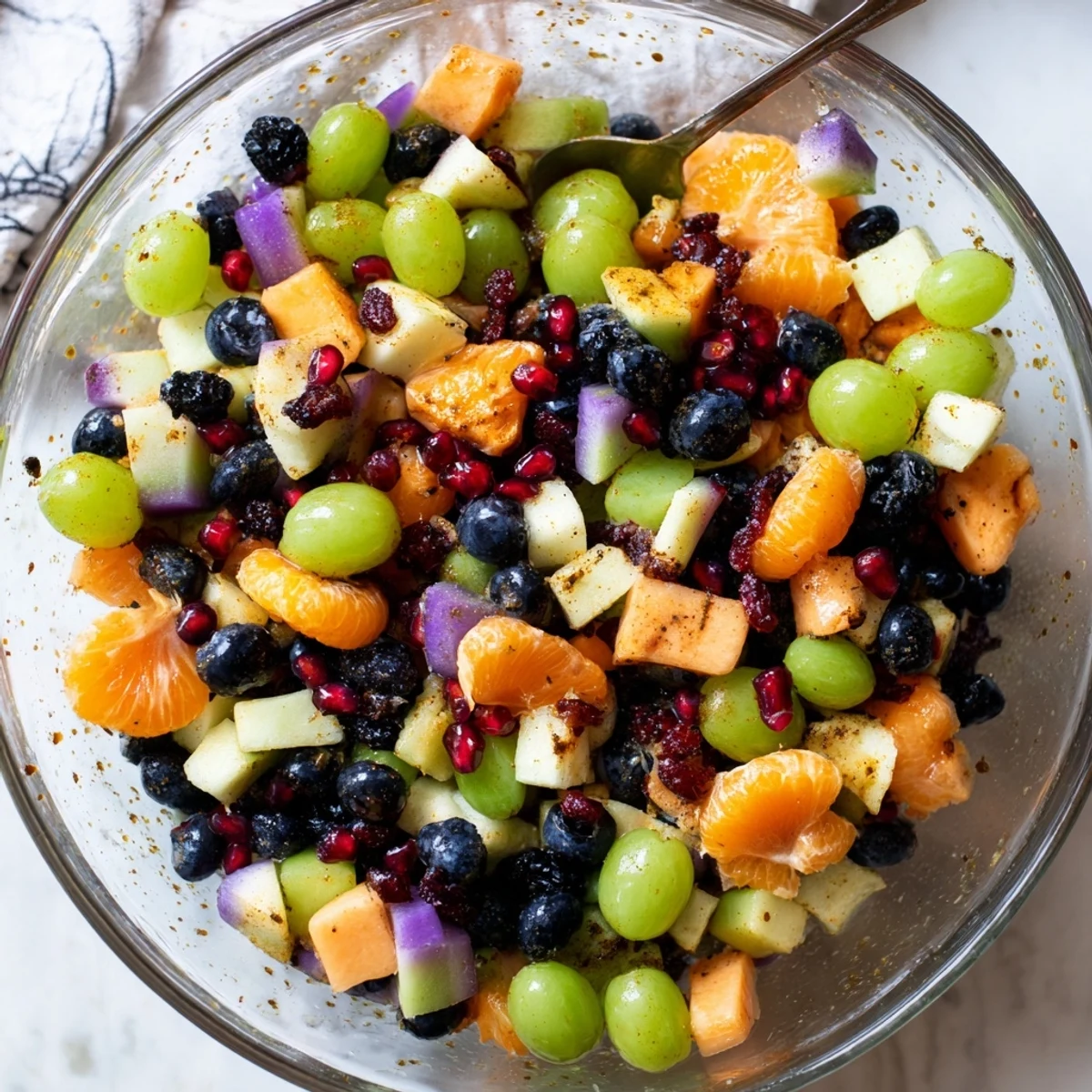 Vibrant fresh fruit salad with sweet honey orange dressing perfect for Halloween party entertaining