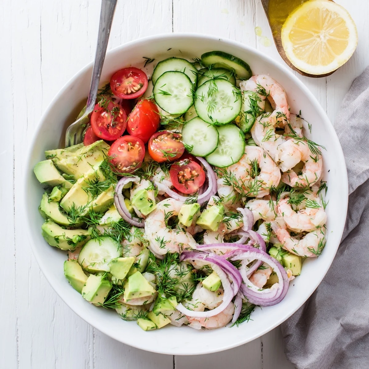 Fresh cucumber shrimp salad plated with crisp vegetables and zesty citrus dressing