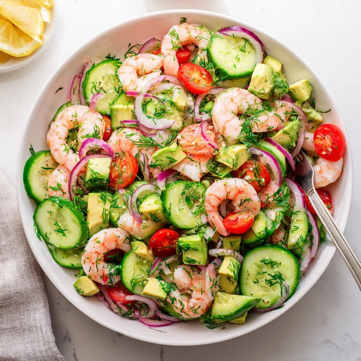 Colorful bowl of cucumber shrimp salad featuring juicy tomatoes, creamy avocado, and herbs