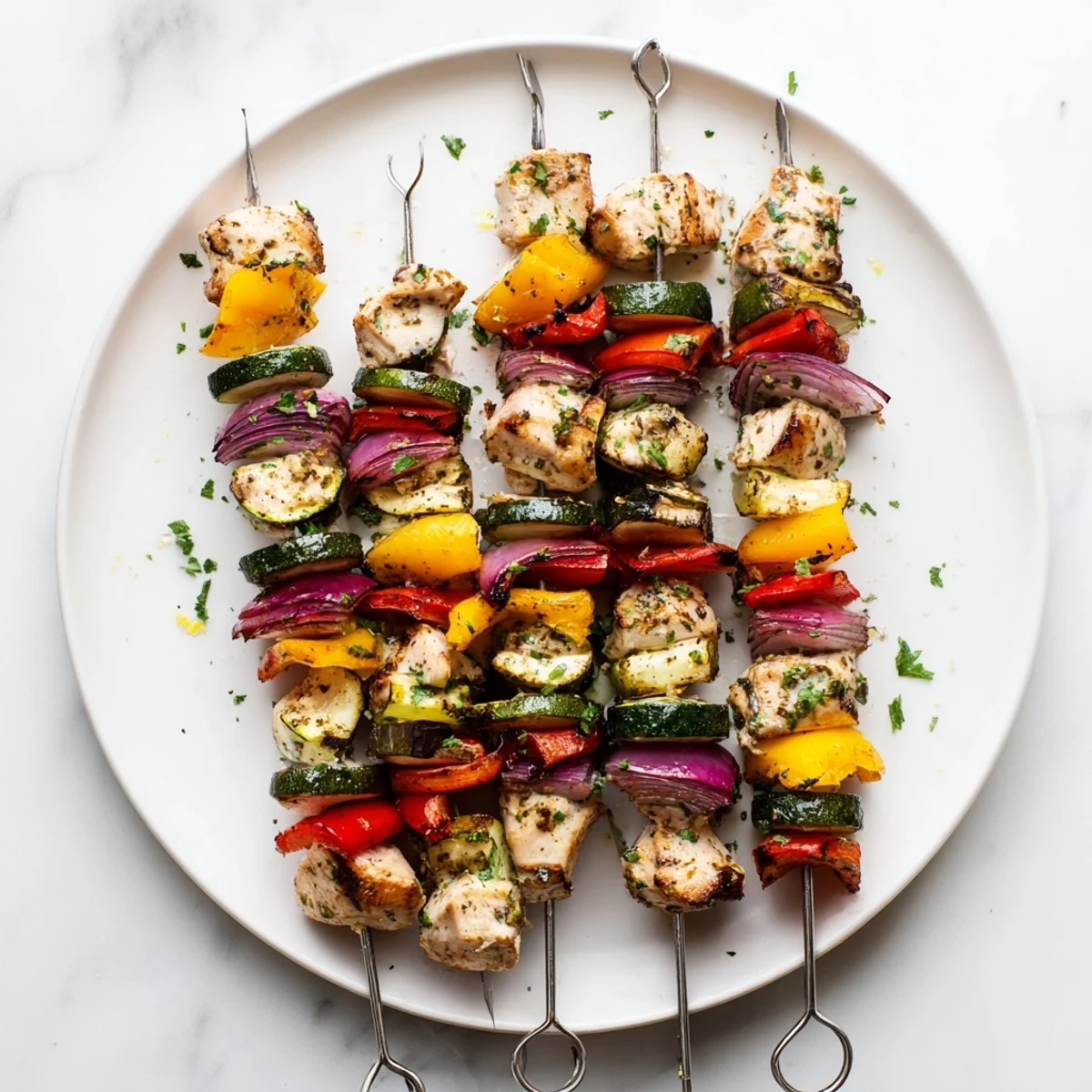 Smoky, juicy Chicken Kabobs On The Grill with charred peppers and zucchini