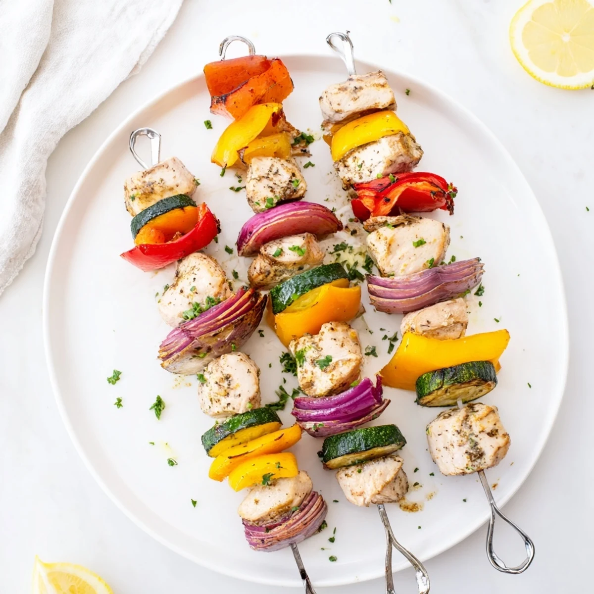 Grilled lemon-garlic Chicken Kabobs On The Grill served with fluffy rice