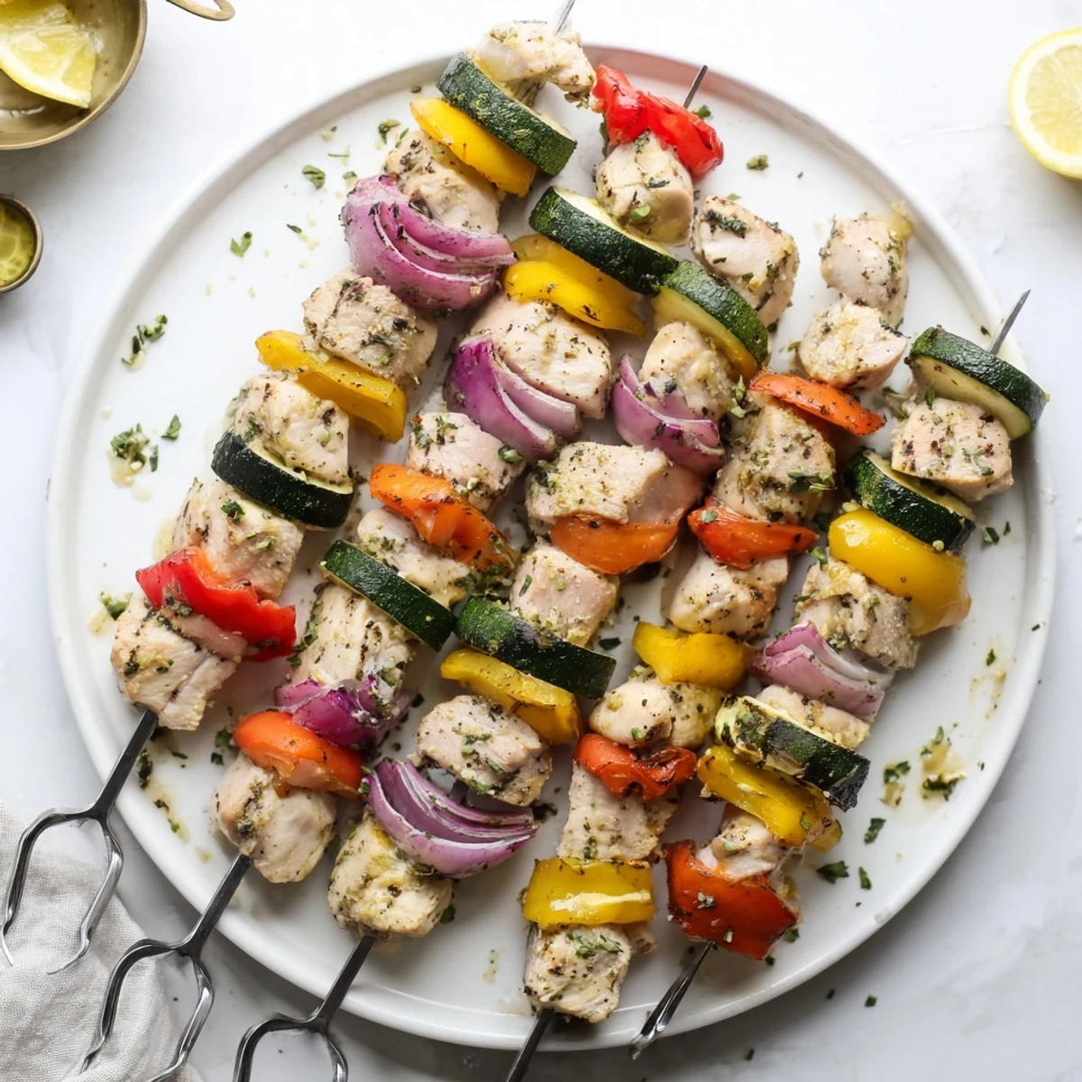 Tender herb-marinated Chicken Kabobs On The Grill sizzling over hot coals