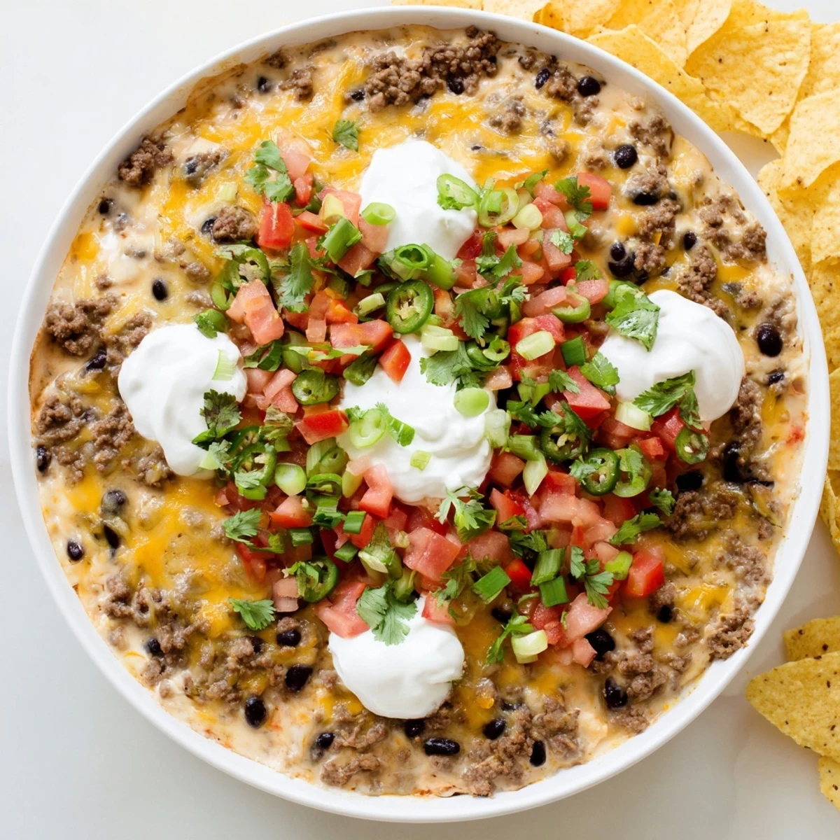Golden Super Nachos Dip bubbling in a serving bowl with melted cheddar and Monterey Jack cheeses, topped with fresh cilantro, green onions, and jalapeño slices alongside crispy tortilla chips.