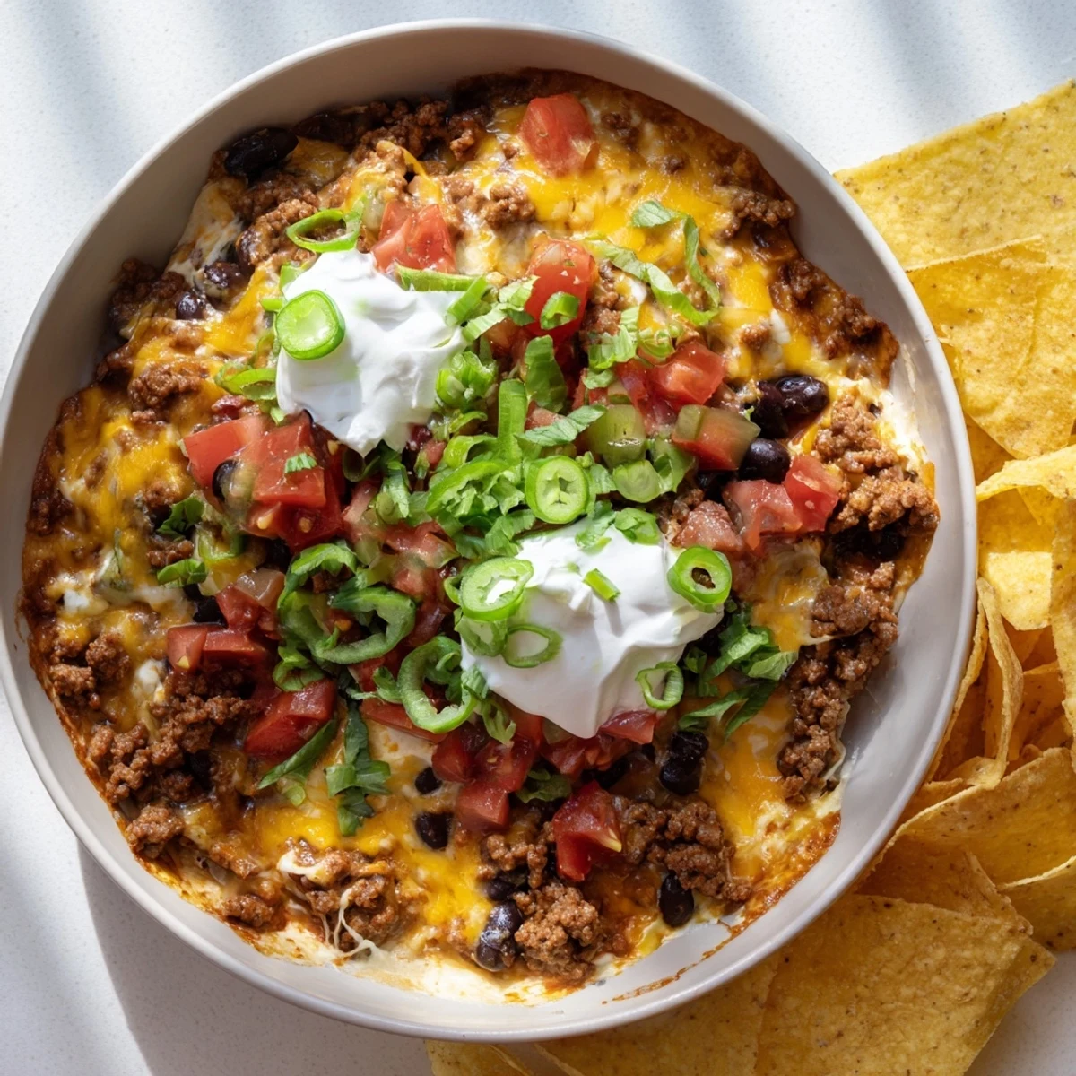 Creamy Super Nachos Dip featuring seasoned ground beef, black beans, and diced tomatoes in a rich cheese blend, garnished with vibrant cilantro and ready for dipping.