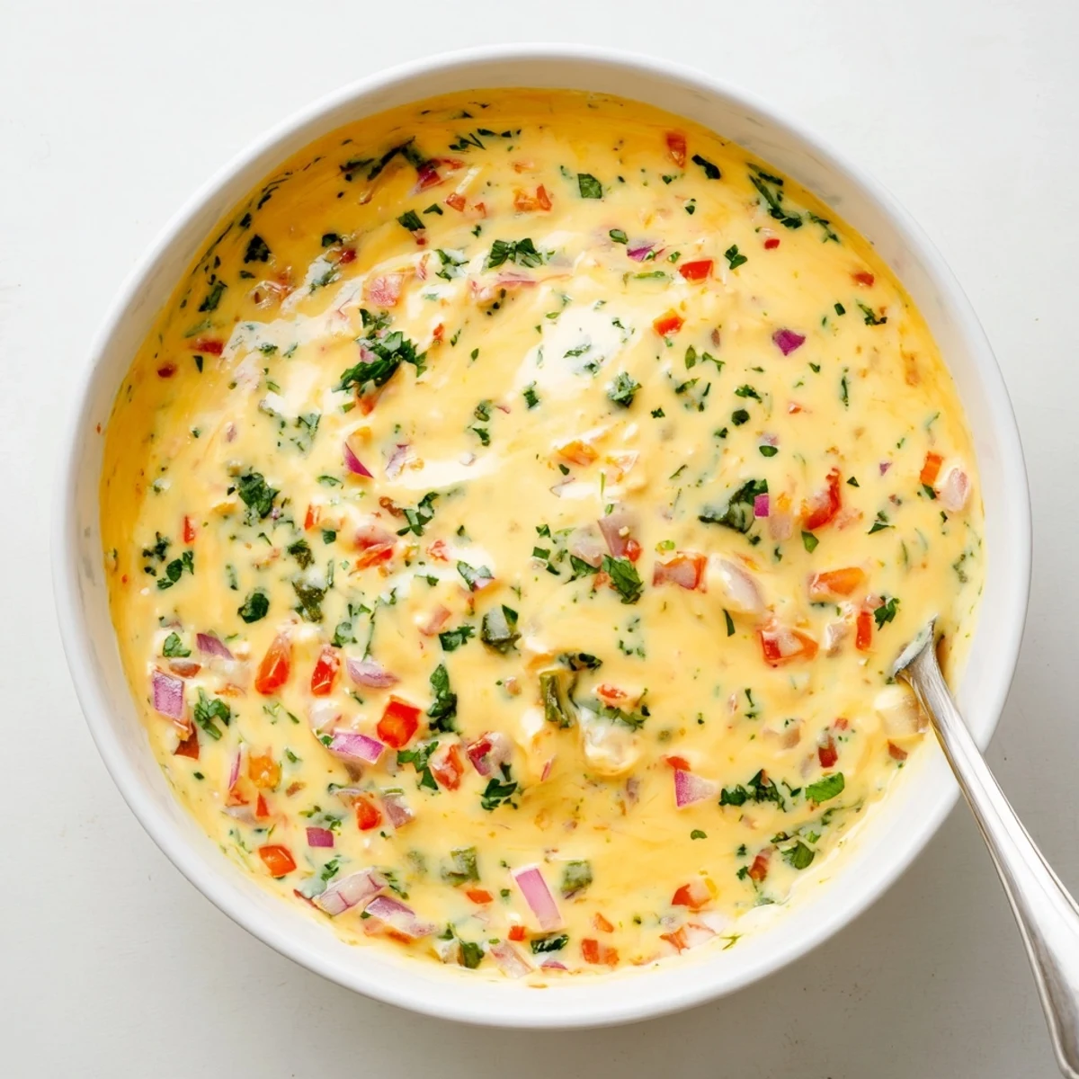 Creamy green chile queso dip bubbling in a white bowl with scattered red tomato bits and fresh cilantro garnish