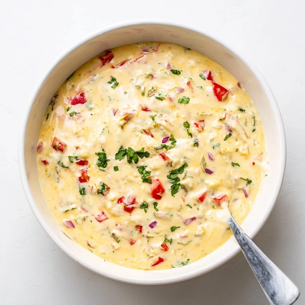 Golden tortilla chips arranged around a warm bowl of melted green chile queso dip topped with vibrant chopped cilantro