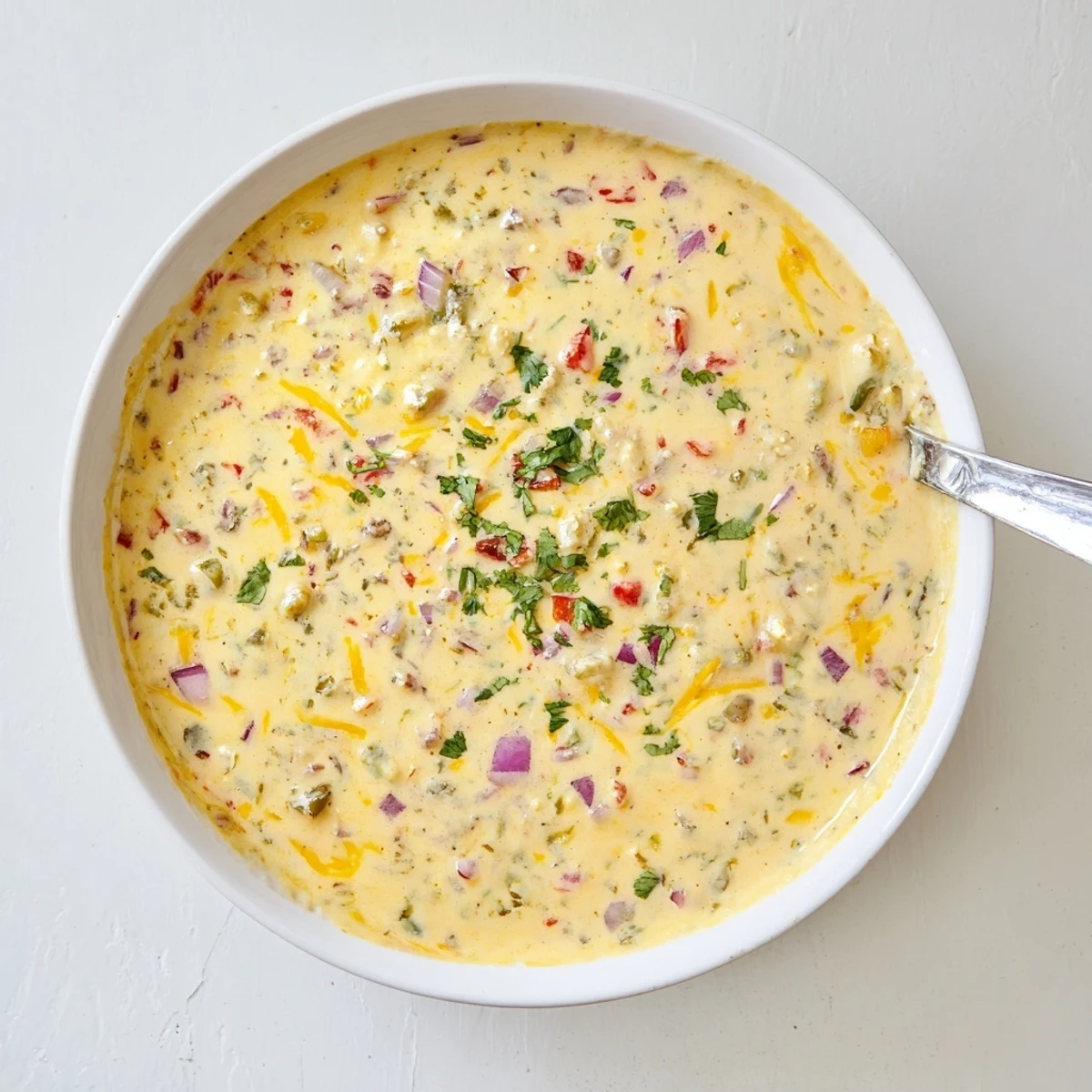 Rich and velvety green chile queso dip sprinkled with diced red onion and jalapeño ready for party dipping