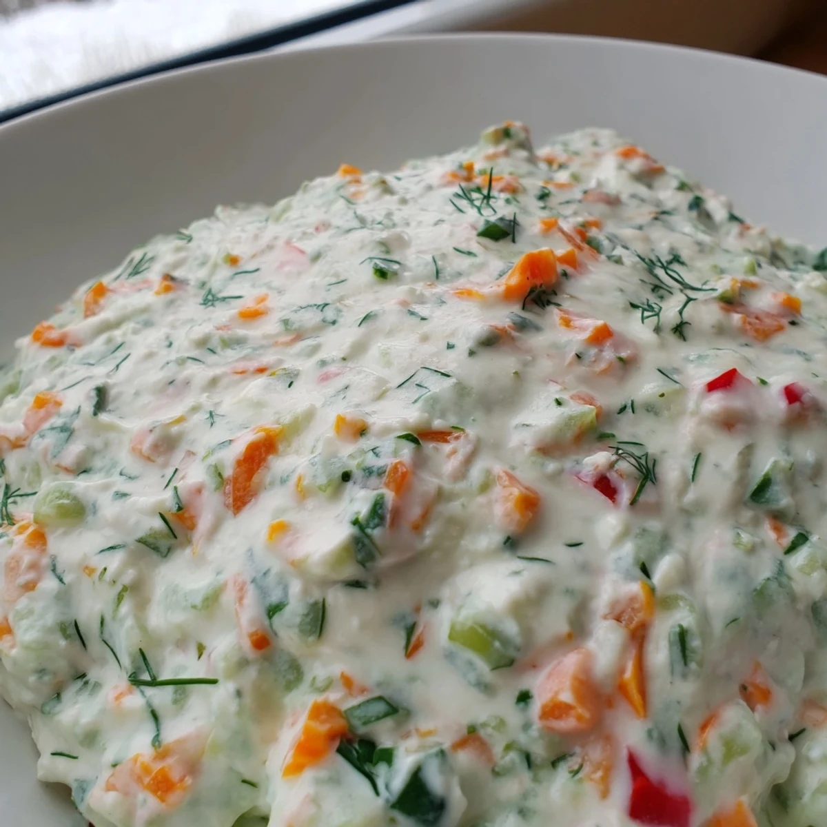 Creamy white fresh vegetable spring garden dip topped with colorful diced bell peppers, grated carrots, and fresh green herbs in a serving bowl.