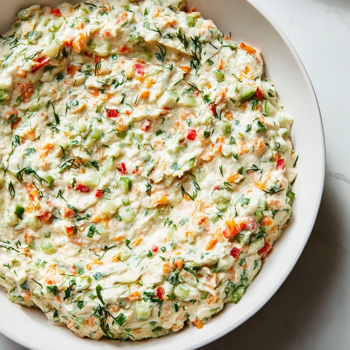 Light and tangy Greek yogurt fresh vegetable spring garden dip featuring crisp cucumber, bright red peppers, and fragrant dill, perfect for spring gatherings.