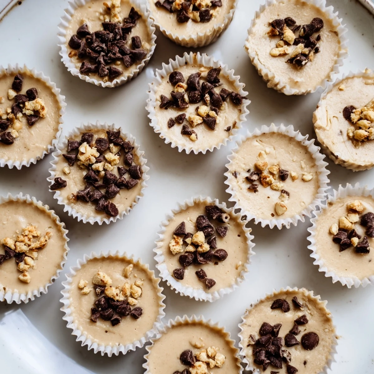 Protein-packed frozen peanut butter Greek yogurt bites arranged on a white plate with dark chocolate drizzle topping