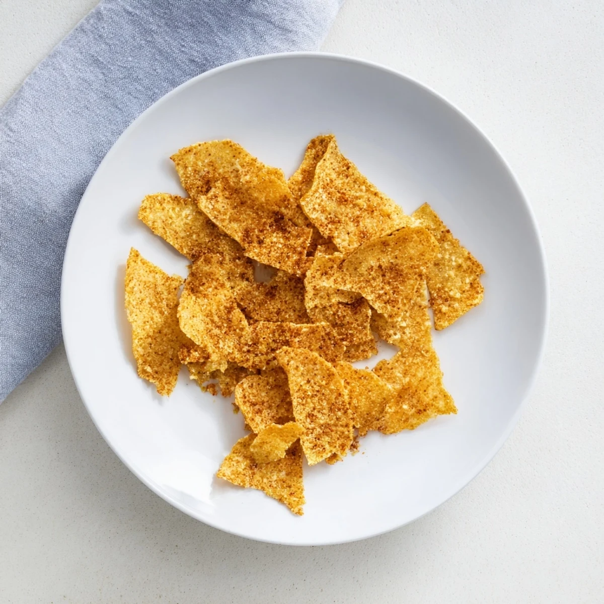 Baked gluten-free chickpea chips with golden edges stacked on parchment paper