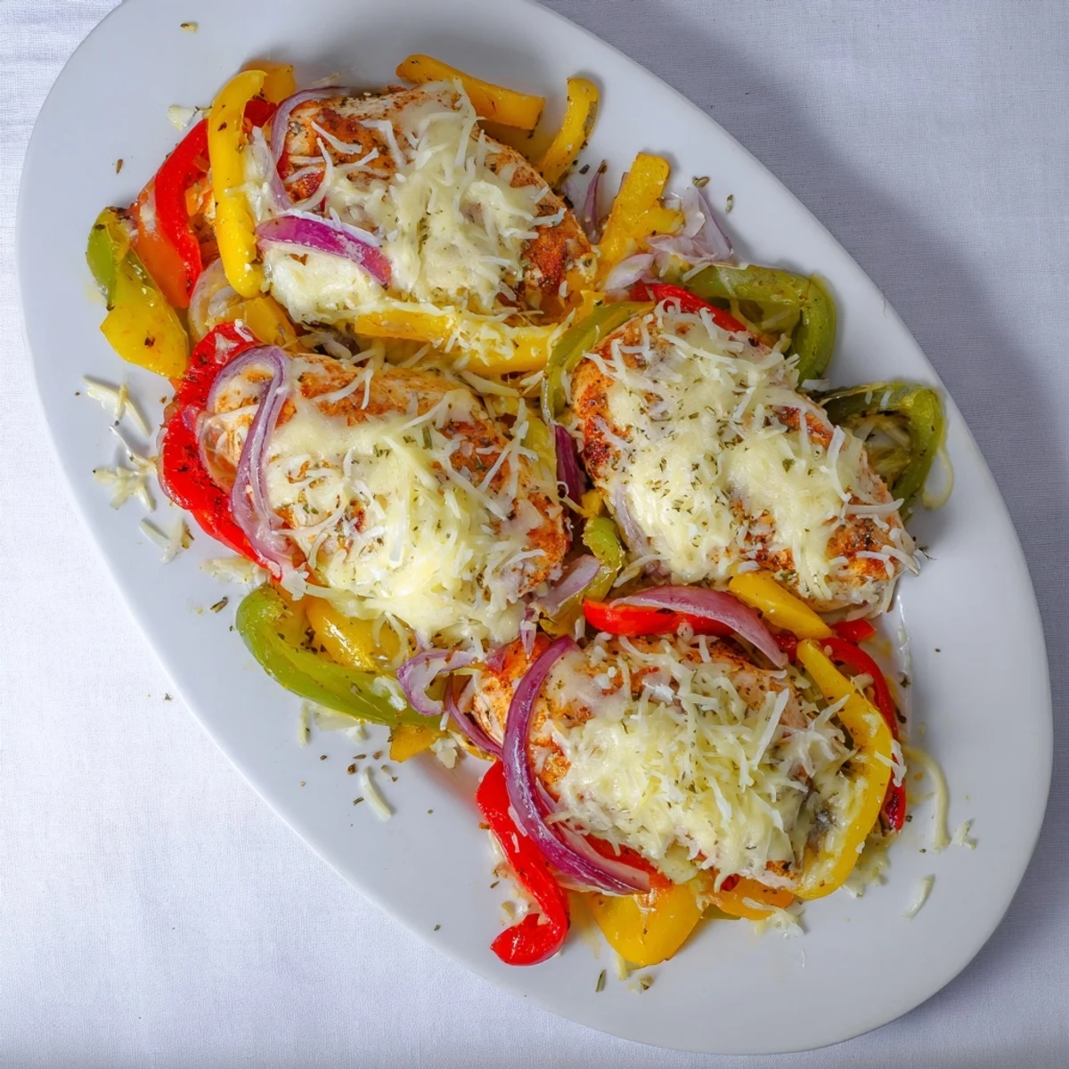 Golden bubbly cheesy baked chicken breast and peppers fresh from the oven