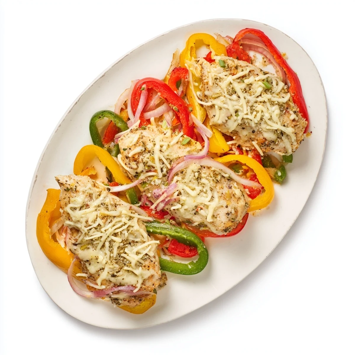 Tender cheesy baked chicken breast atop colorful roasted bell peppers and onions