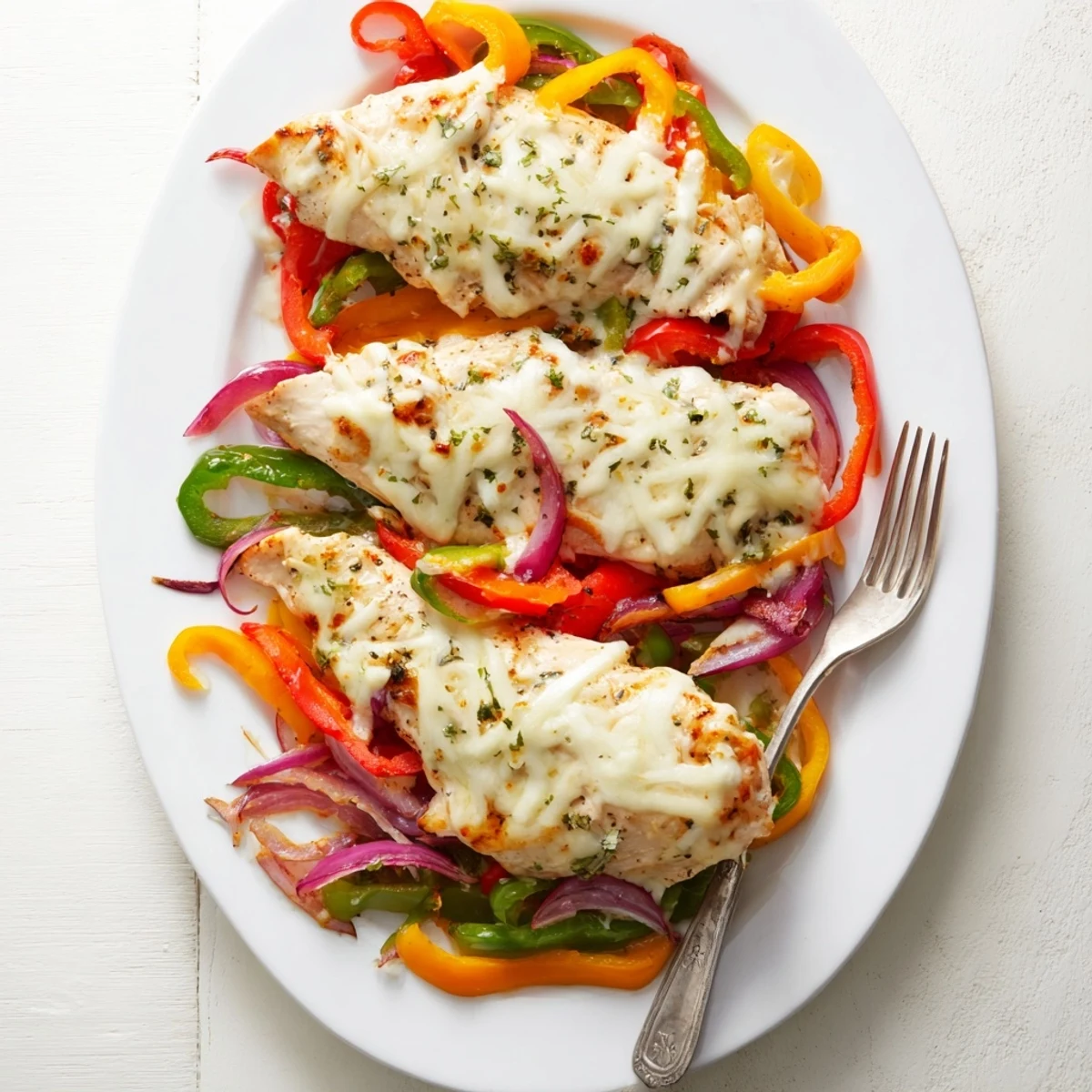 Family friendly cheesy baked chicken breast with melted mozzarella and vegetables