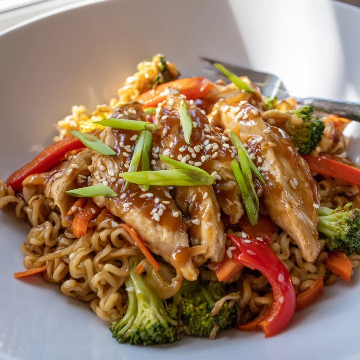 Skillet of Chicken Ramen Stir Fry glistening with sesame seeds and steam
