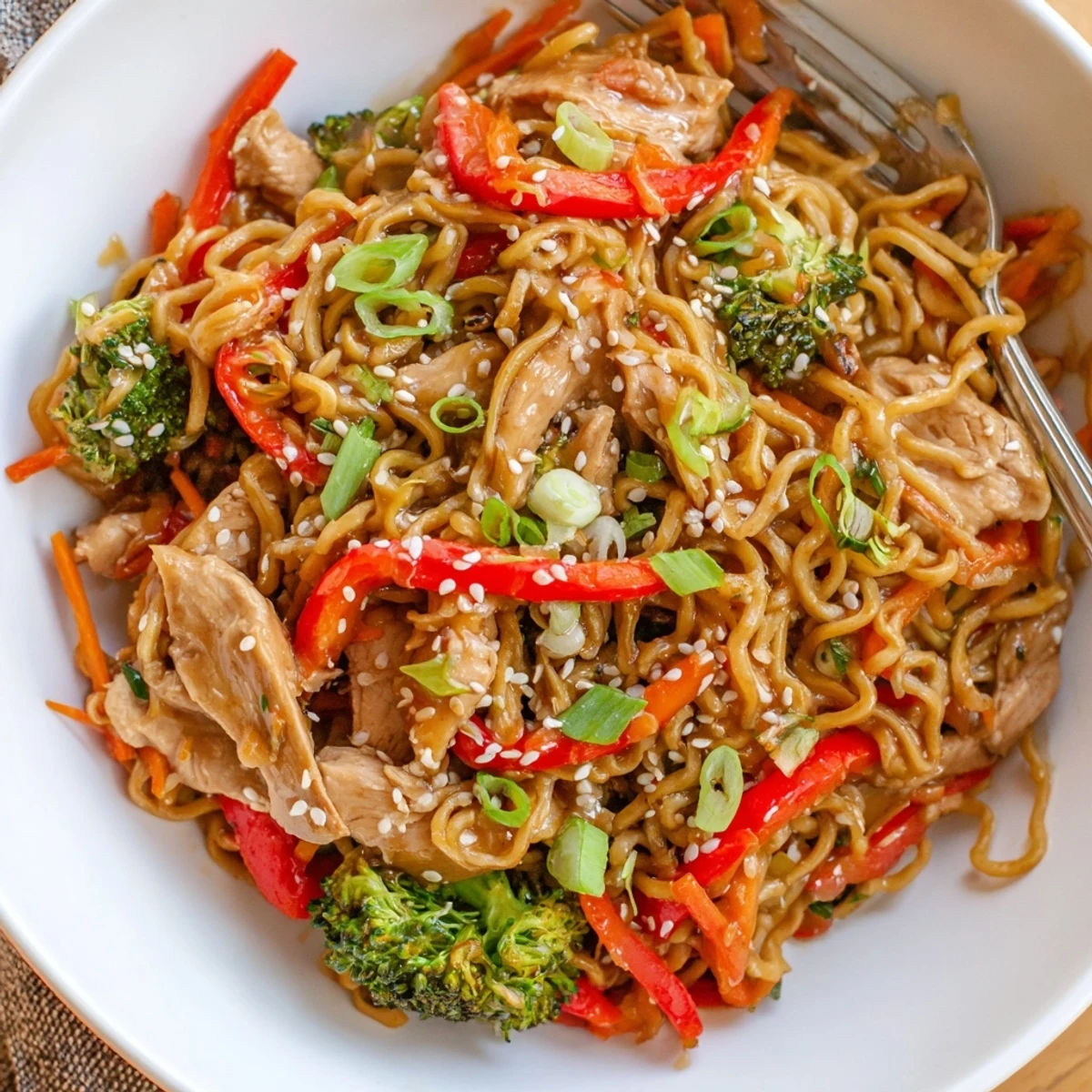 Bowl of Chicken Ramen Stir Fry showing bouncy noodles and glossy sauce