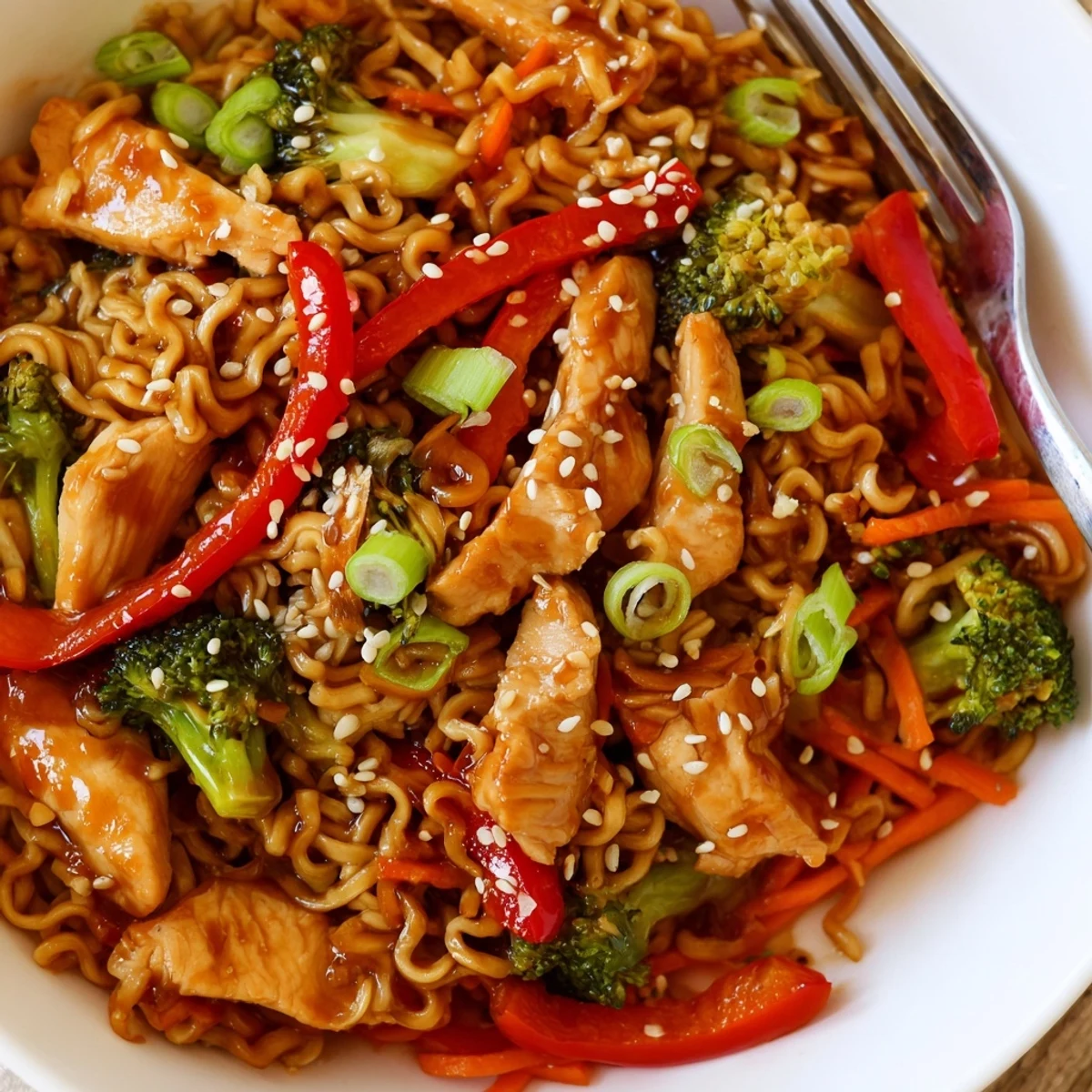 Weeknight Chicken Ramen Stir Fry piled on plate with bouncy noodles, veggies