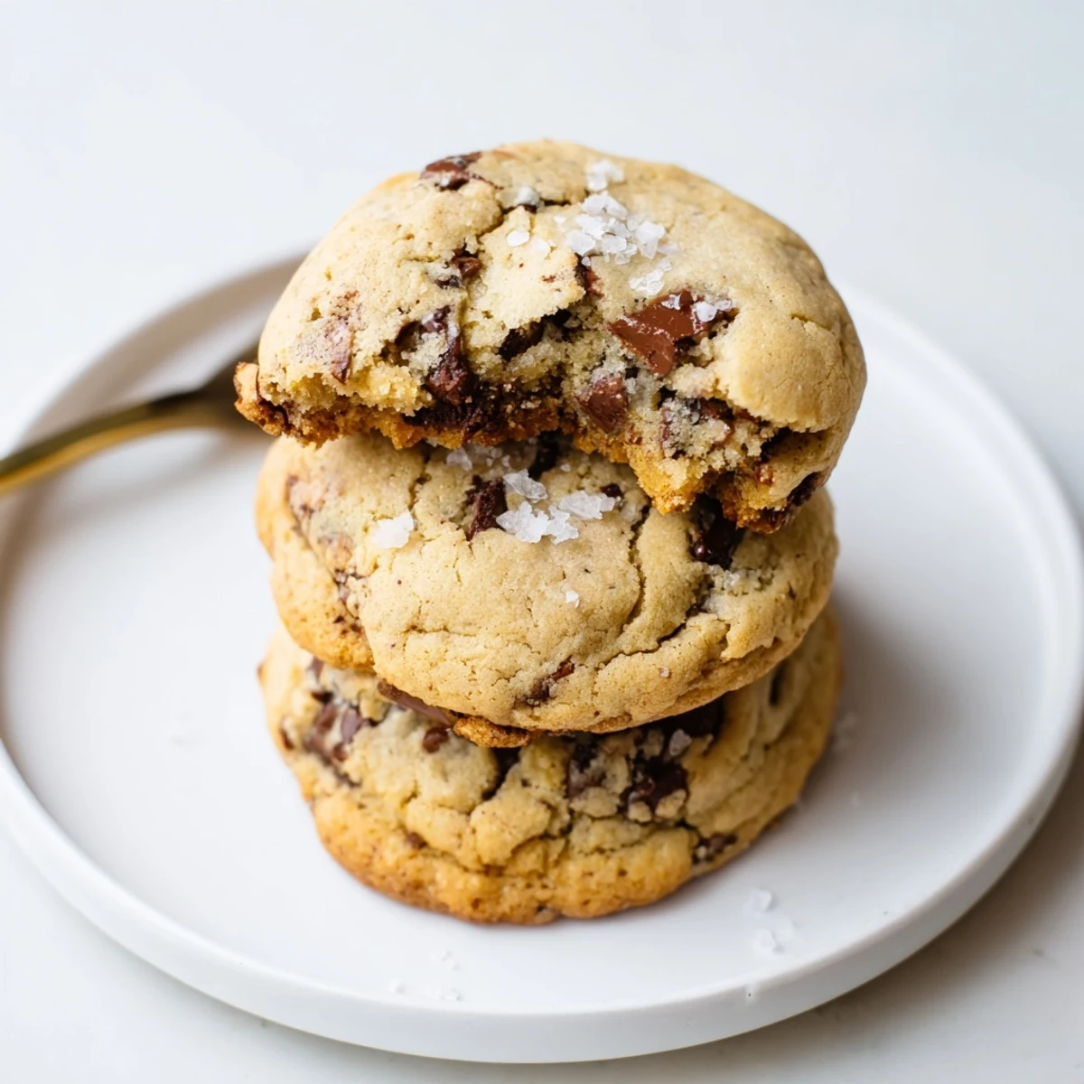 Warm Brown Butter Chocolate Chip Cookies Recipe stacked on a rustic plate.