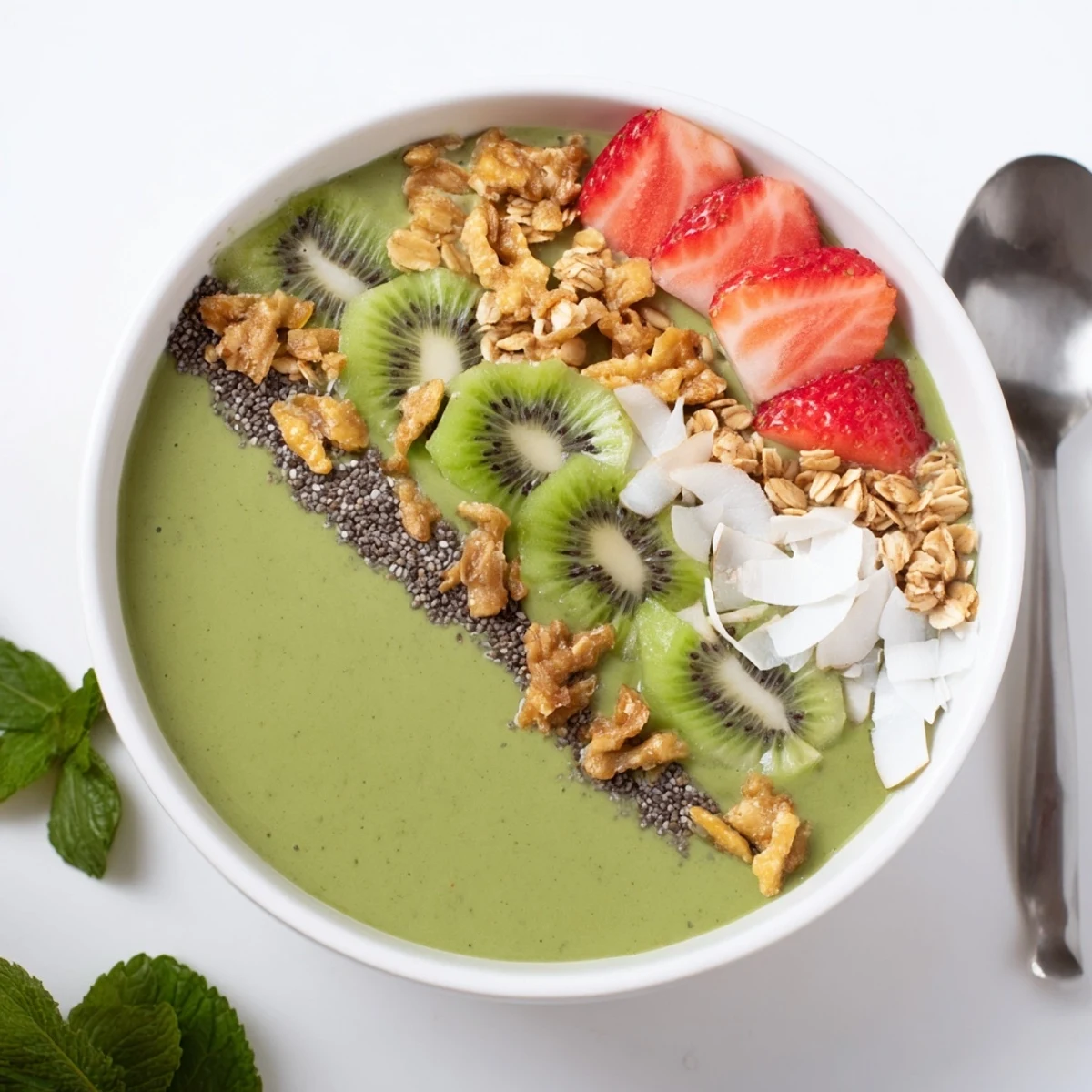 Green Smoothie Bowls with creamy mango-banana base, topped with crunchy granola.