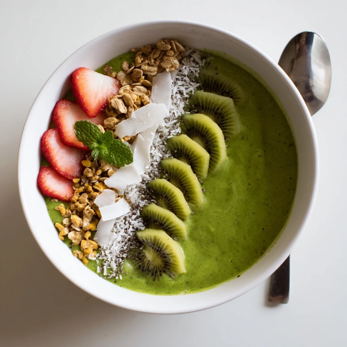 Spoon beside vibrant Green Smoothie Bowls garnished with kiwi, seeds, and coconut.