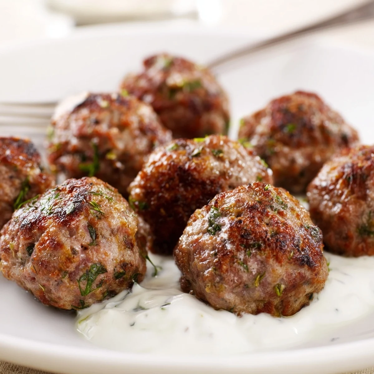 Warm Greek Style Beef Meatballs dotted with lemon zest, parsley, and dill.