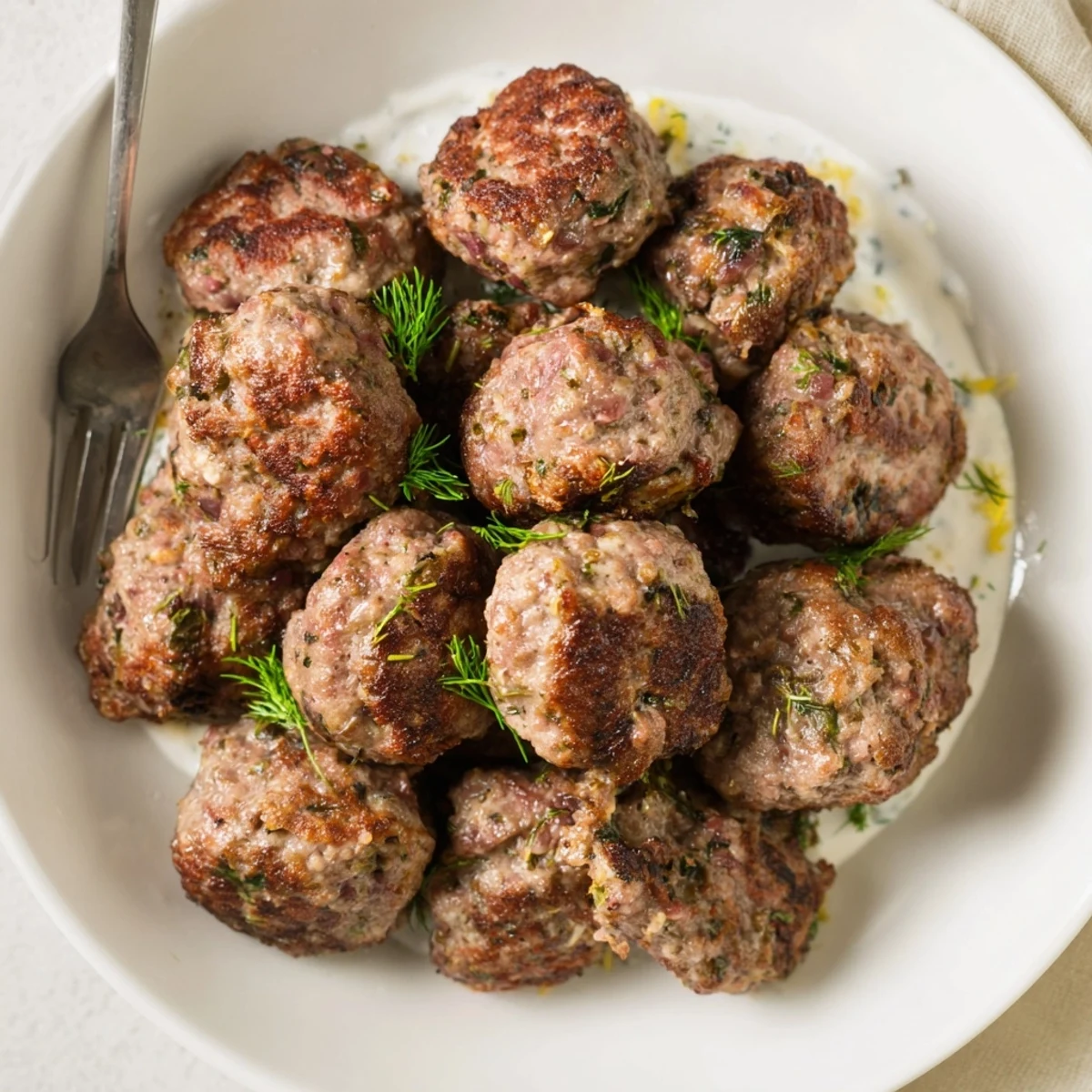 Greek Style Beef Meatballs glistening with olive oil, served with creamy yogurt sauce.