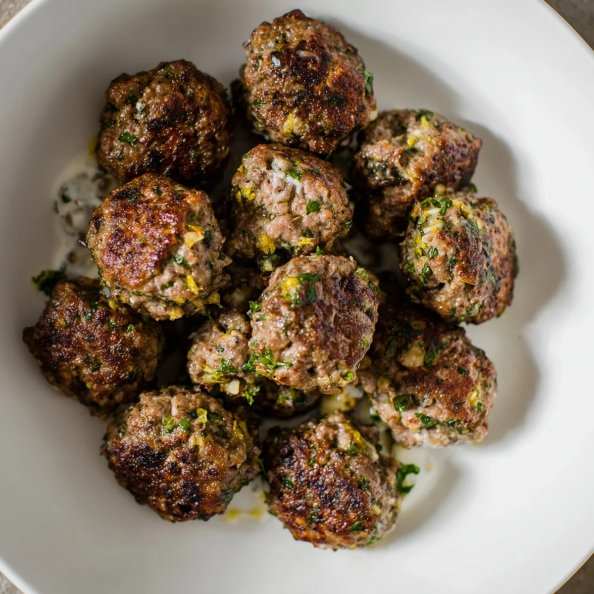 Pan-seared Greek Style Beef Meatballs resting on pita with tangy yogurt sauce.