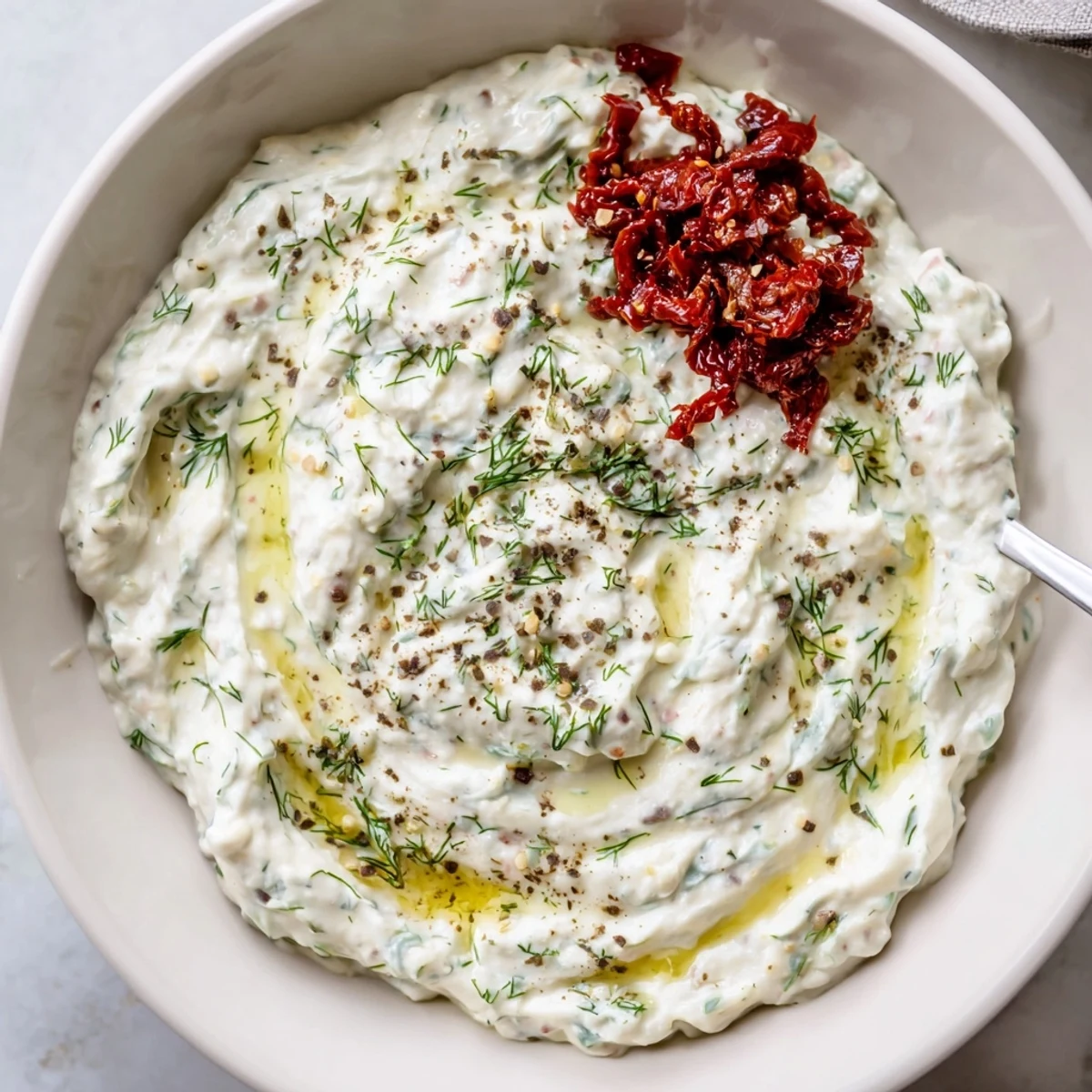 Herby Creamy Sun Dried Tomato Tzatziki paired with warm pita and vegetables