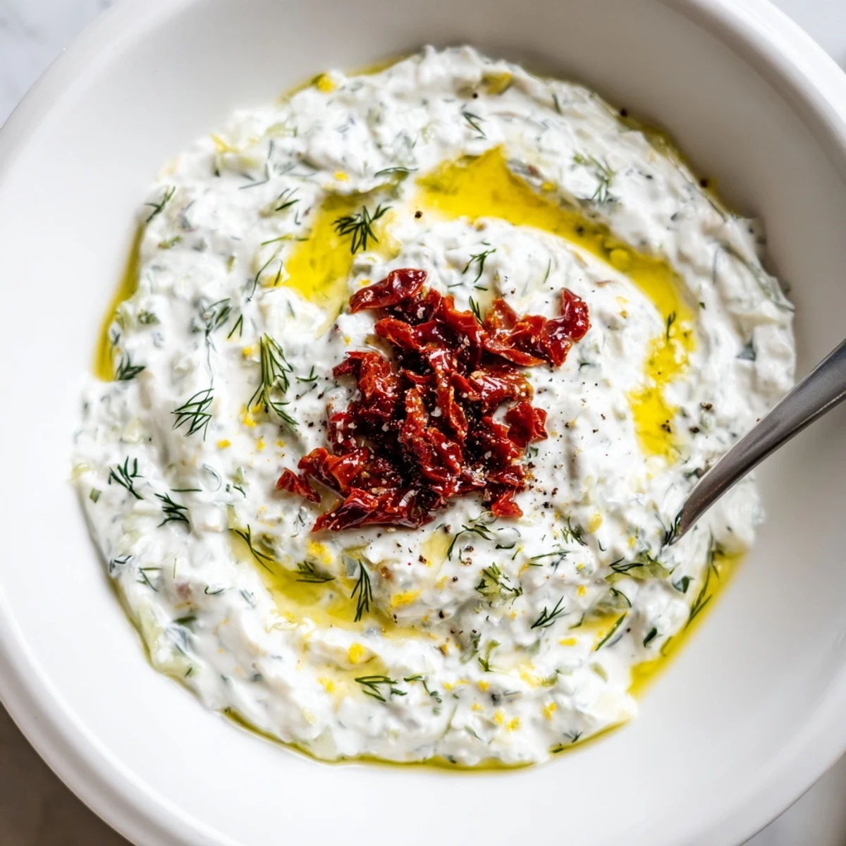 Bright, tangy Creamy Sun Dried Tomato Tzatziki spooned beside crisp cucumber slices