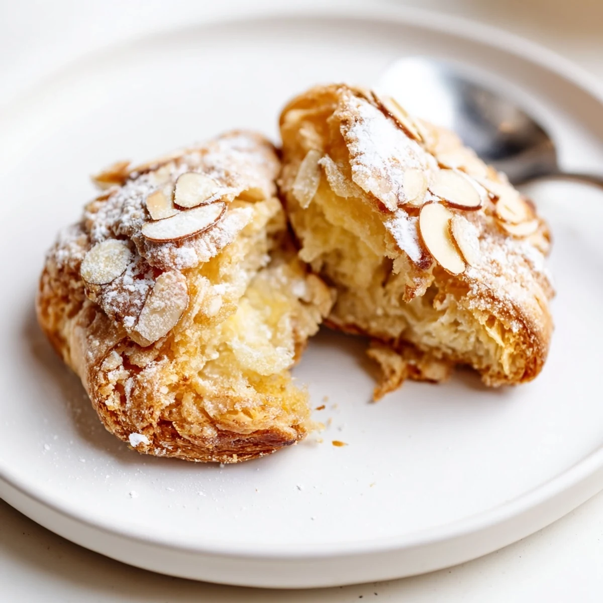 Almond Croissant Cookies with golden edges, sliced almonds, powdered sugar dusting