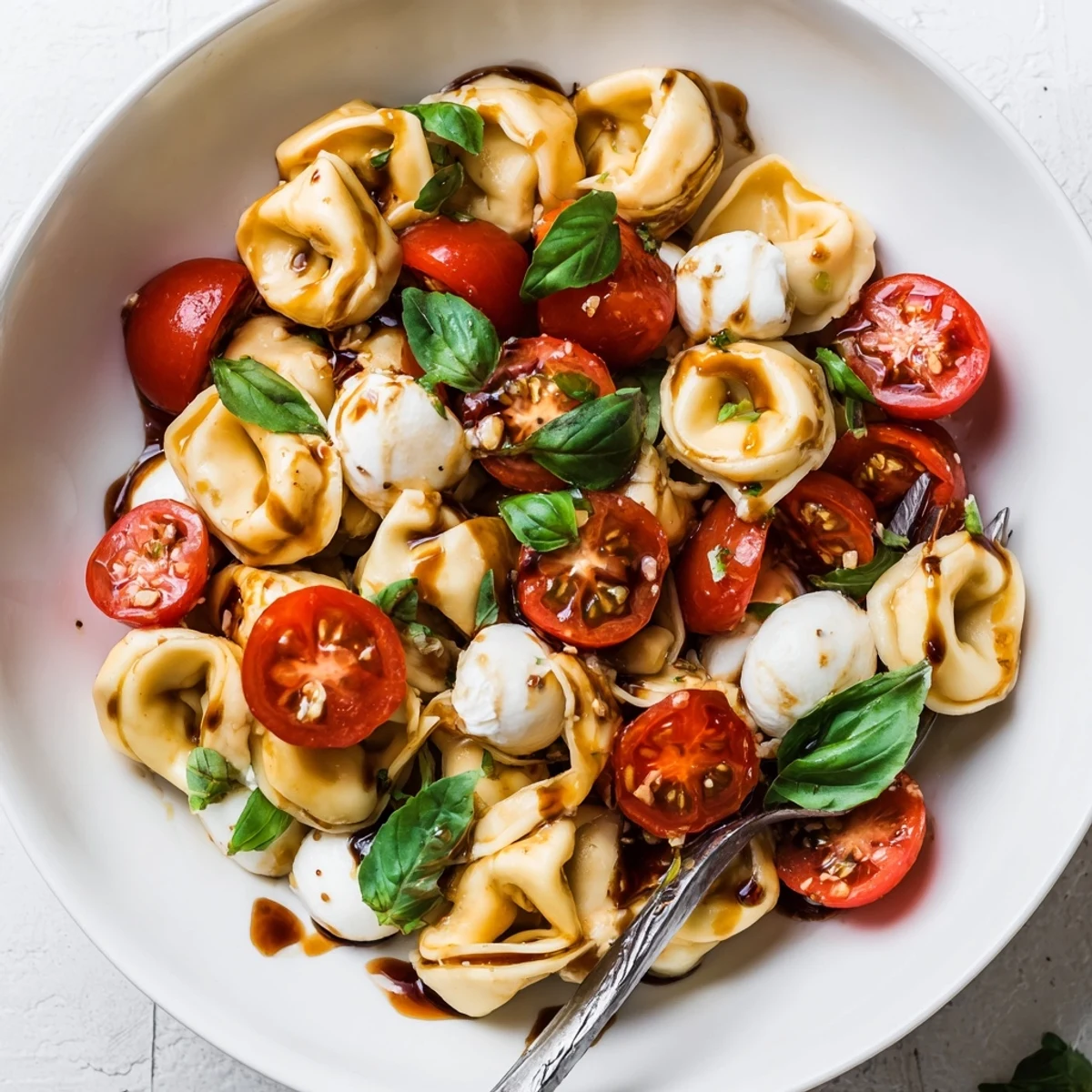 Fresh tortellini Caprese salad recipe plated with juicy halved tomatoes and creamy mozzarella balls on white background