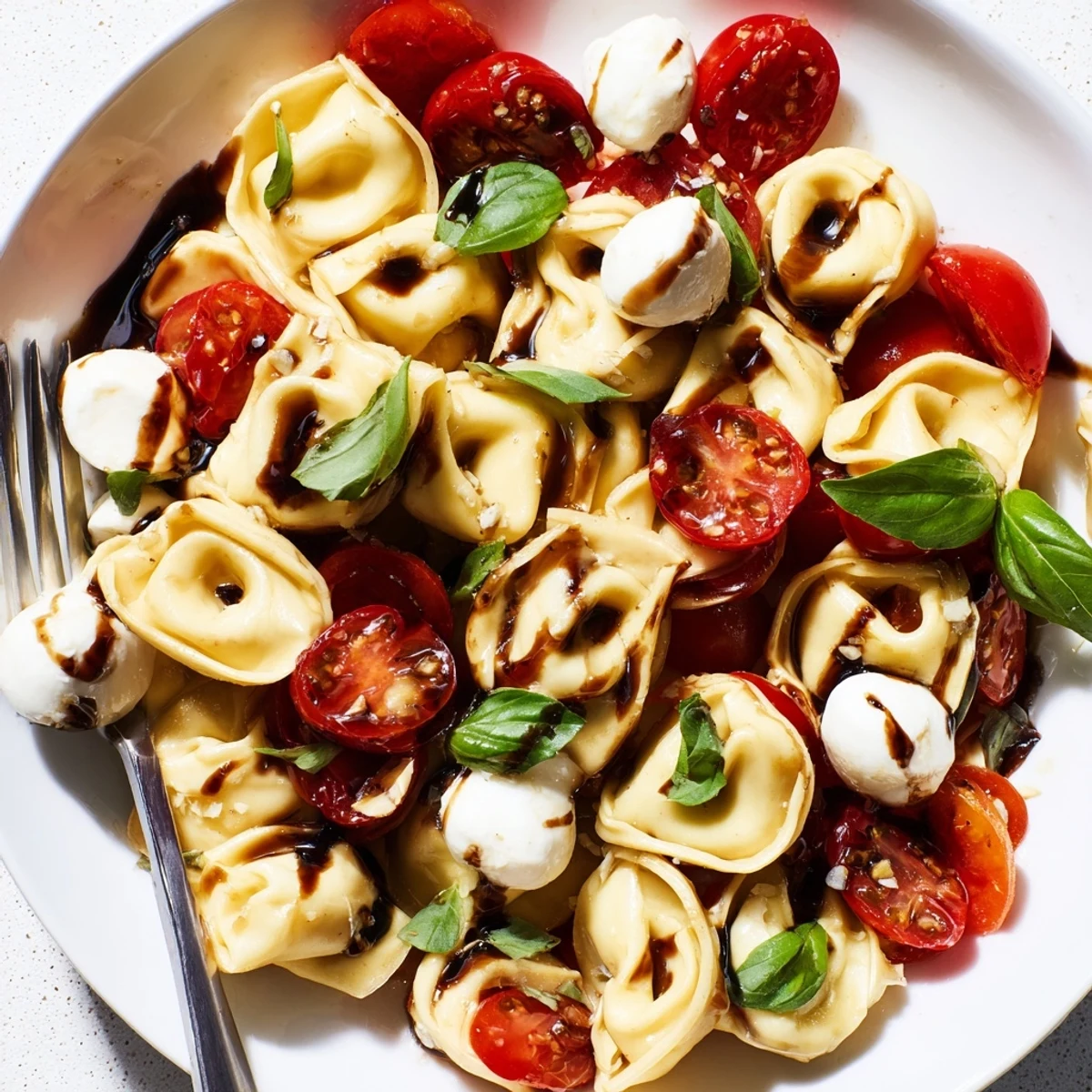 Italian-inspired tortellini Caprese salad featuring tender cheese pasta, vibrant basil, and glossy balsamic dressing in rustic serving bowl