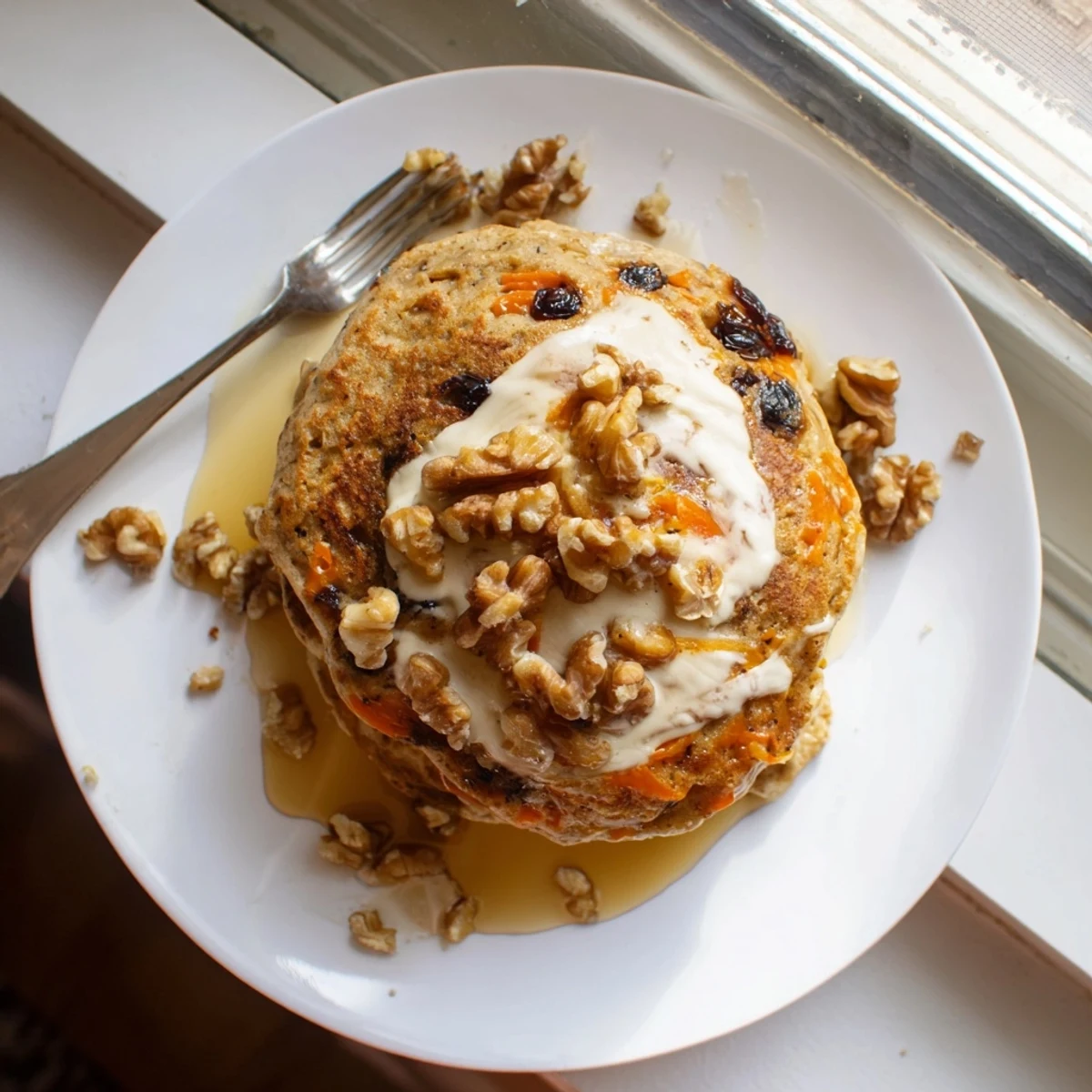 Warm spiced carrot cake pancakes drizzled with cream cheese glaze on a white plate