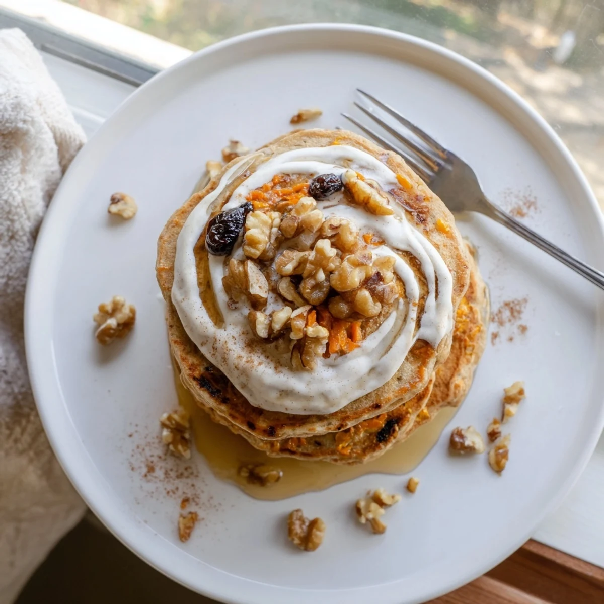 Breakfast plate piled high with grated carrot pancakes dusted with powdered sugar and cinnamon