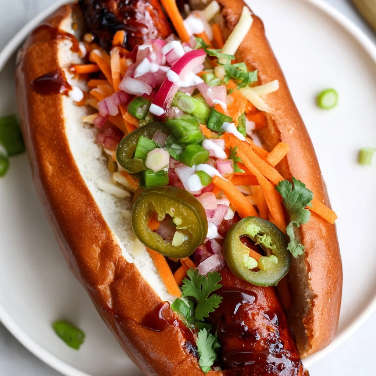 Grilled Spicy Firecracker Hot Dogs in toasted buns topped with melted cheddar cheese and fresh colorful vegetables