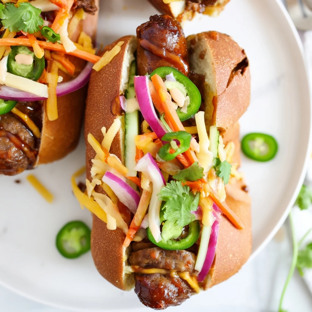 Zesty Spicy Firecracker Hot Dogs featuring pickled jalapeños red onion carrot cucumber and cilantro garnish on a serving plate